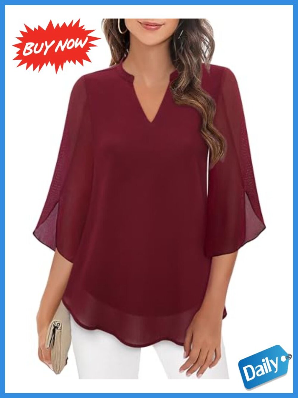 Womens Dressy Casual Chiffon Ruffle 3/4 Sleeve V Neck Double Layer Blouse